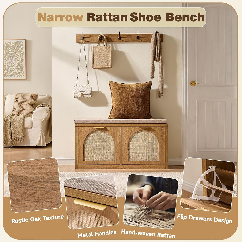 Rattan Narrow Entryway Bench with Shoe Storage, 2 Flip Drawers & Coat Rac...