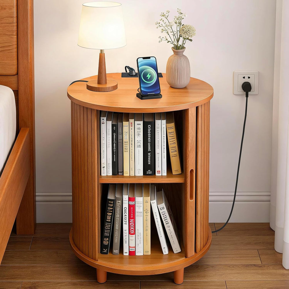 DHH Round End Table with Storage & Charging Station, Fluted Accent Side T...