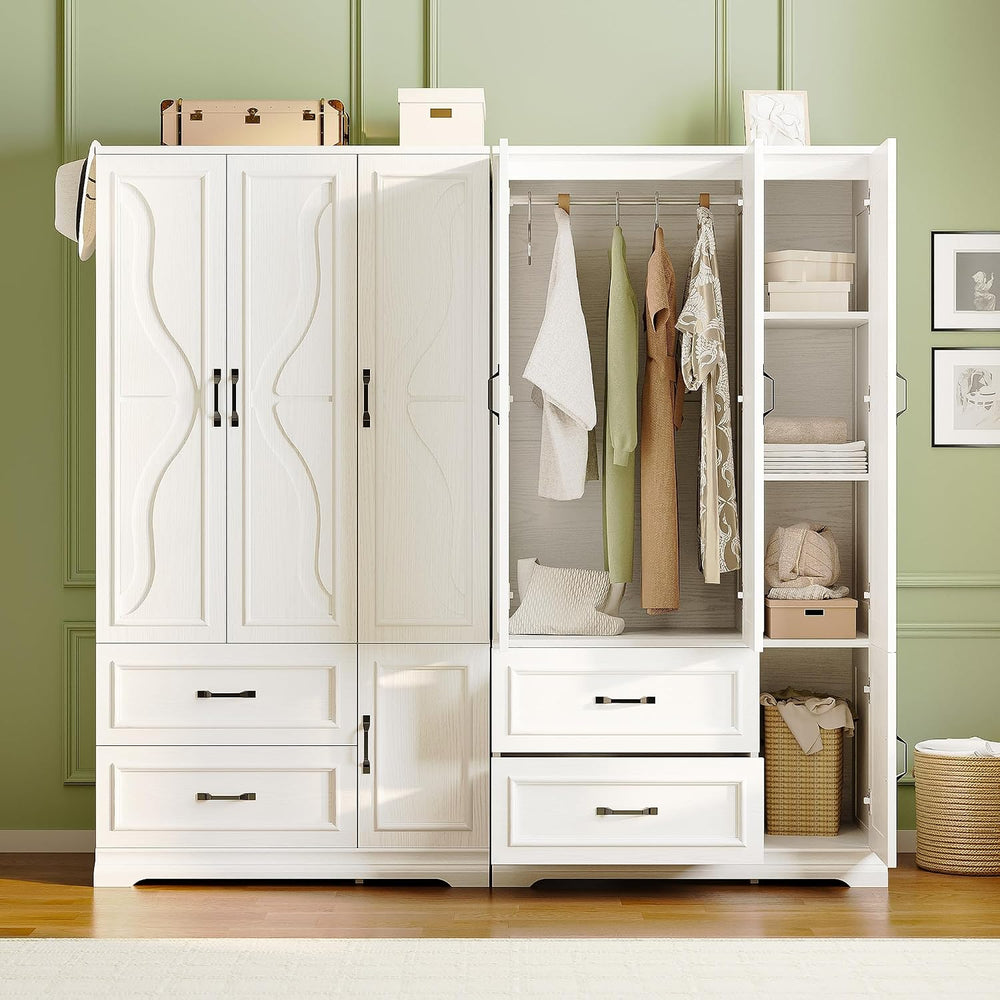 LIKIMIO Armoire Wardrobe Closet with 4 Doors and Drawers, White | Wardrobe Ca...