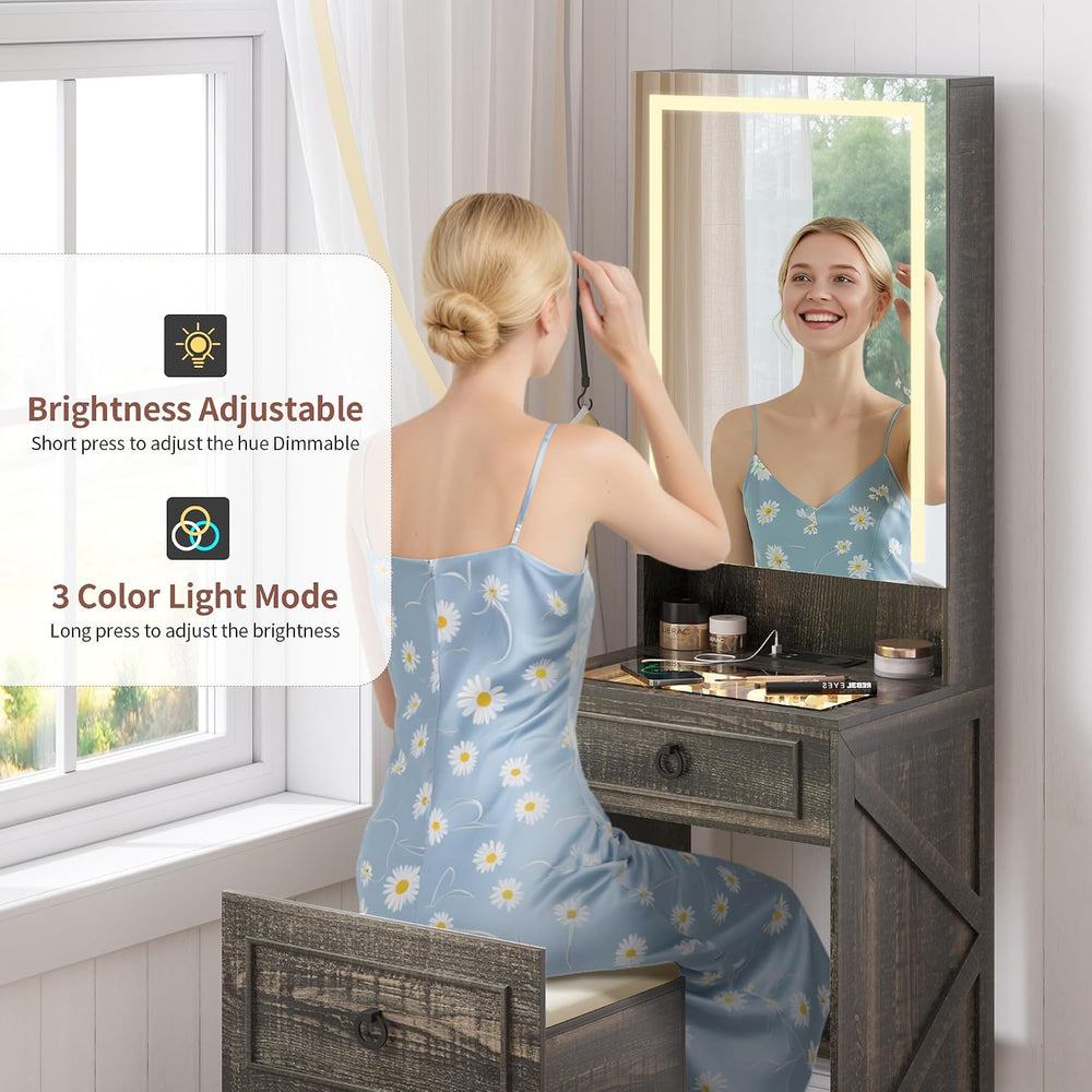 Glass Top Vanity Desk with Mirror and Lights for Bedroom,Brown | Compact Make...