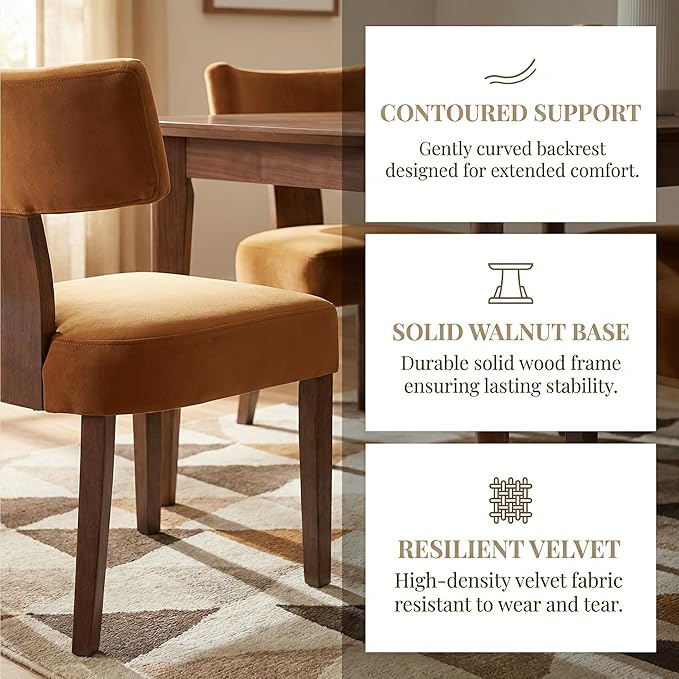 HNY Mid Century Modern Dining Chairs, Velvet Fabric Farmhouse Upholstered and Curved Backrest Kitchen Accent Chairs Set of 2, with Hardwood Frame, Burnt Caramel