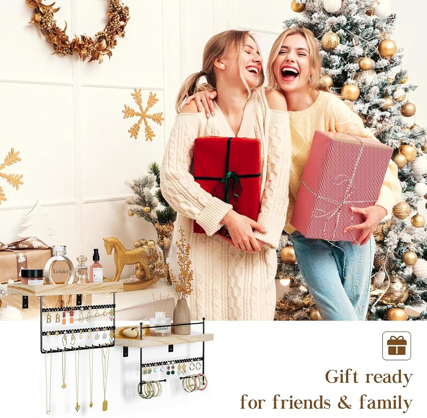 Lolalet Hanging Jewelry Organizer Wall Mount with Earrings, Bracelets, Necklaces Hooks - Easy Install Free Combination Jewelry Holder for Wall Bathroom - Set of 2, Black