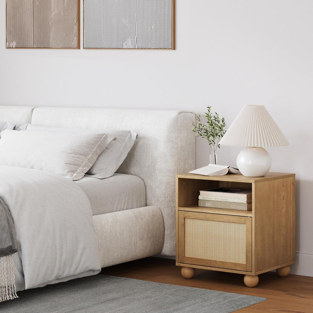 Nathan James Franco Faux Rattan Side Table Nightstand with Storage, Rustic Be...