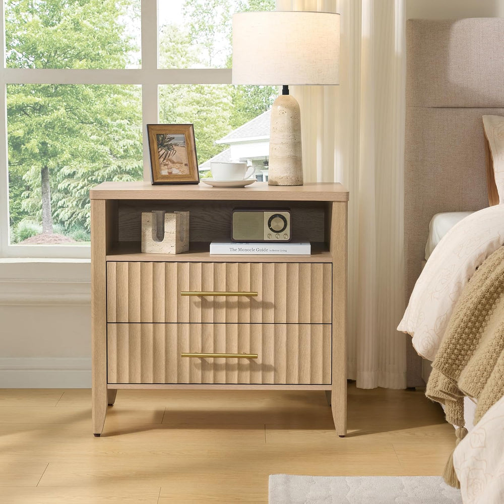 Fluted Nightstand with 2 Drawers, 27" Modern Nightstands Set of 2 with S...
