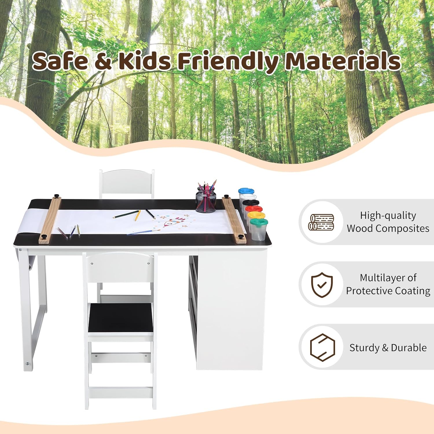 IDEALHOUSE 4-in-1 Kids Art & Study Table Chair Set, Multifunctional Toddler Wooden Activity Desk with Storage Bins, Paper Roll & Organizer for Crafts, Drawing, Learning and Play