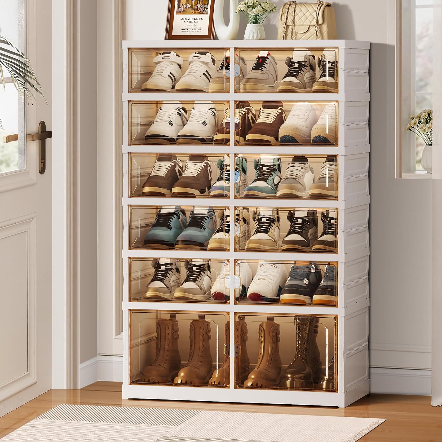 CIMLORD 6-Tier Foldable Shoe Rack Organizer with Wheels, 18 Pairs, White | Collapsible Large Plastic Shoe Cabinet, Fits Boots, Stackable, Clear Doors, Easy Assembly, Closet, Entryway, Living Room