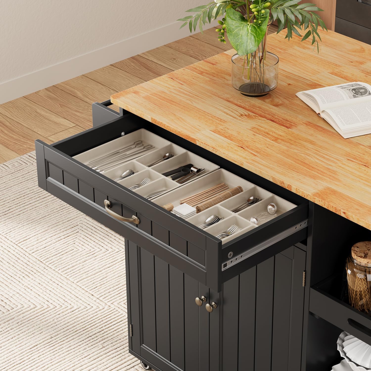 Gizoon 41.7" W Kitchen Island with Storage, Kitchen Island with Drop Leaf | Rolling Dining Cart with Foldable Countertop, 5 Wheels, Refrigerator Door, Adjustable Shelf Spice/Towel Rack, Black
