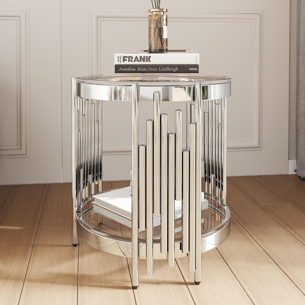 2 Tier Glass End Table with Storage, Round-Shaped Stainless Steel Side Table ...