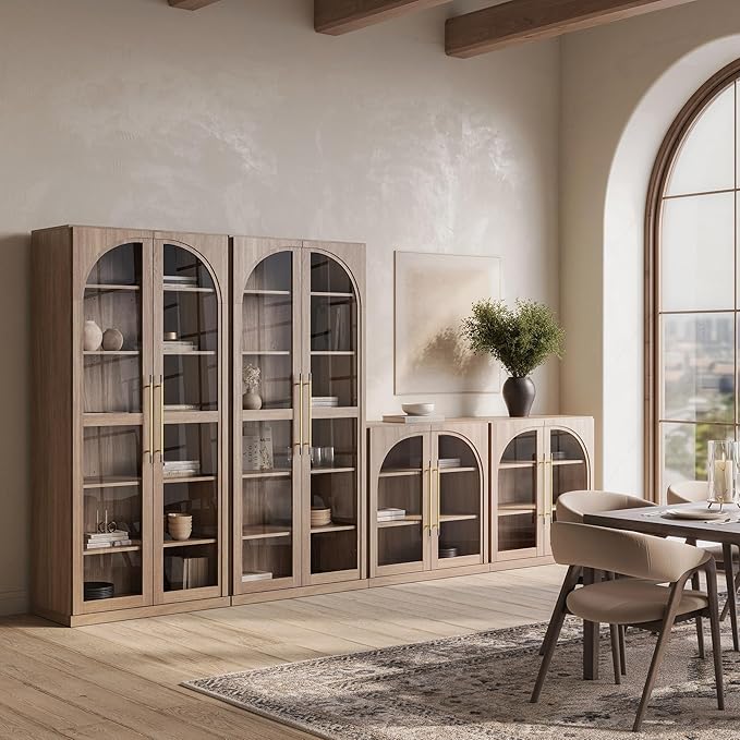 BELLEZE 4-Piece Modular TV Stand Set - 2 Arched Glass Door Sideboard Buffet and 2 Tall Storage Cabinets, Classic Modern Modular Entertainment Center with Adjustable Shelves for Living Room(Camel)