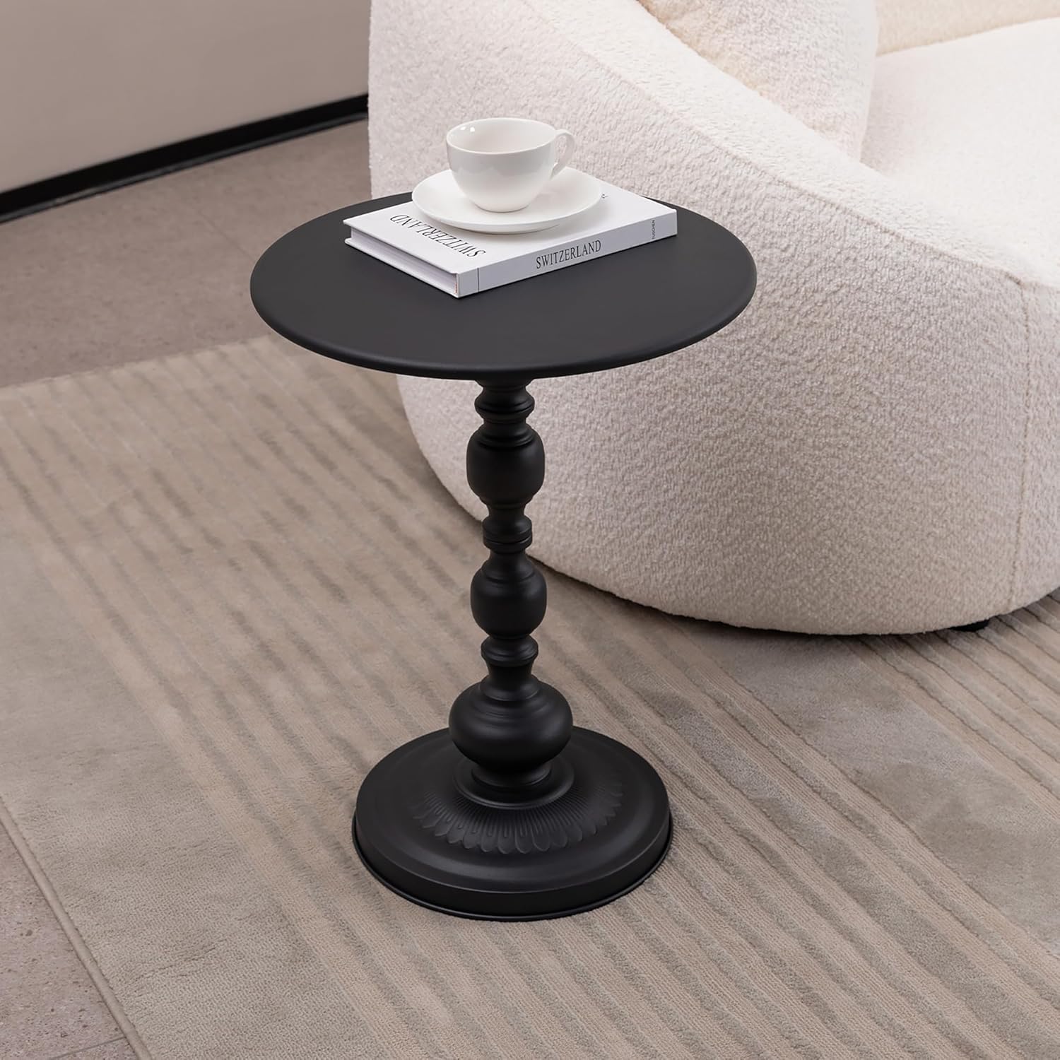 Simple Trending Small Side Table, Round Drink Table End Table Black | Modern round metal drink table with weighted upgraded base. Perfect for living room, bedroom and compact small indoor spaces