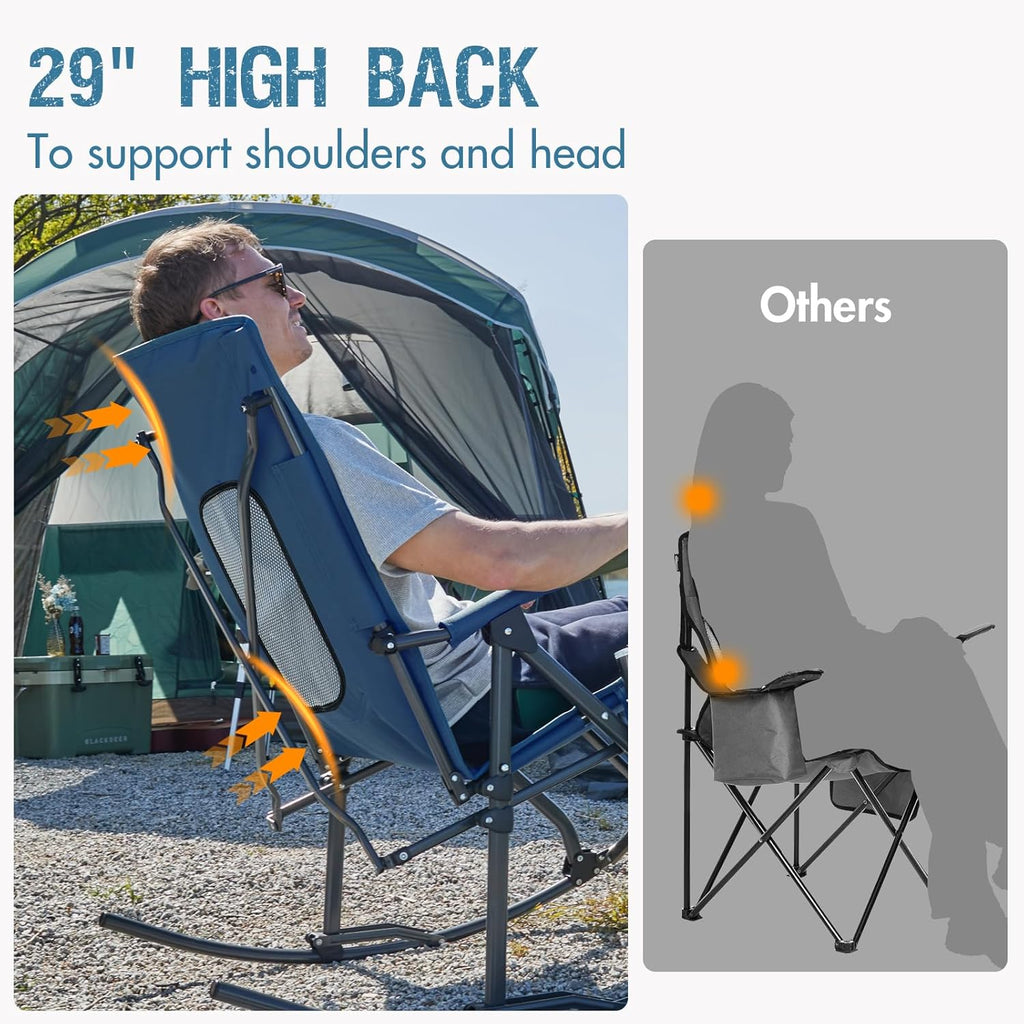 Portal Oversized Folding Rocking Camping Chair Portable Outdoor Rocker with High Back Hard Armrests Carry Bag, Supports 400 lbs