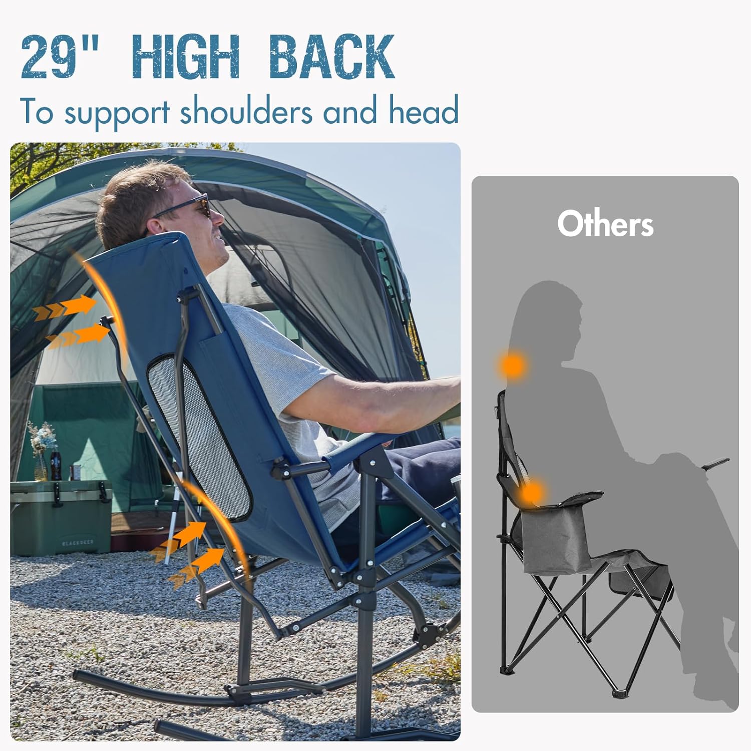 Portal Oversized Folding Rocking Camping Chair Portable Outdoor Rocker with High Back Hard Armrests Carry Bag, Supports 400 lbs