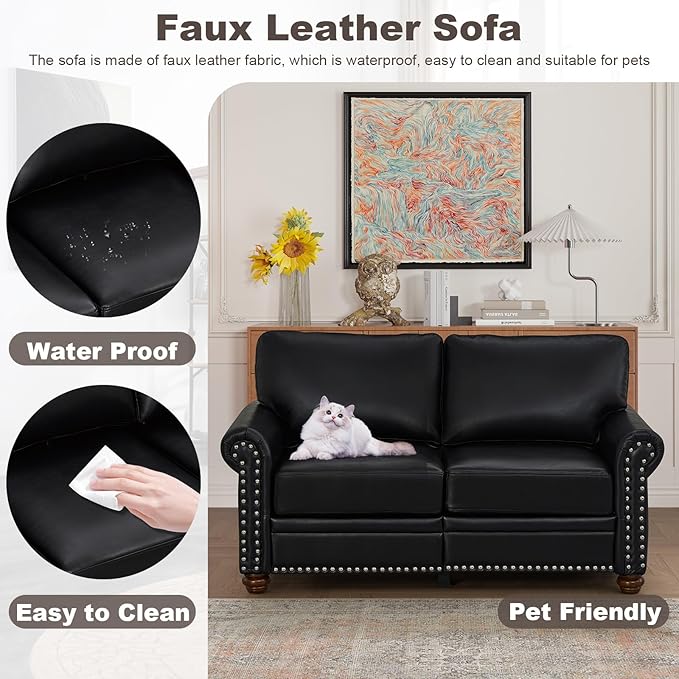 Faux Leather Loveseat Sofa, 59" W Mid Century Modern Couch with Storage, Comfy 2 Seater Sofa with Nailhead Trim & Rolled Armrests, Deep Seat Small Couch for Living Room, Apartment, Office (Black)