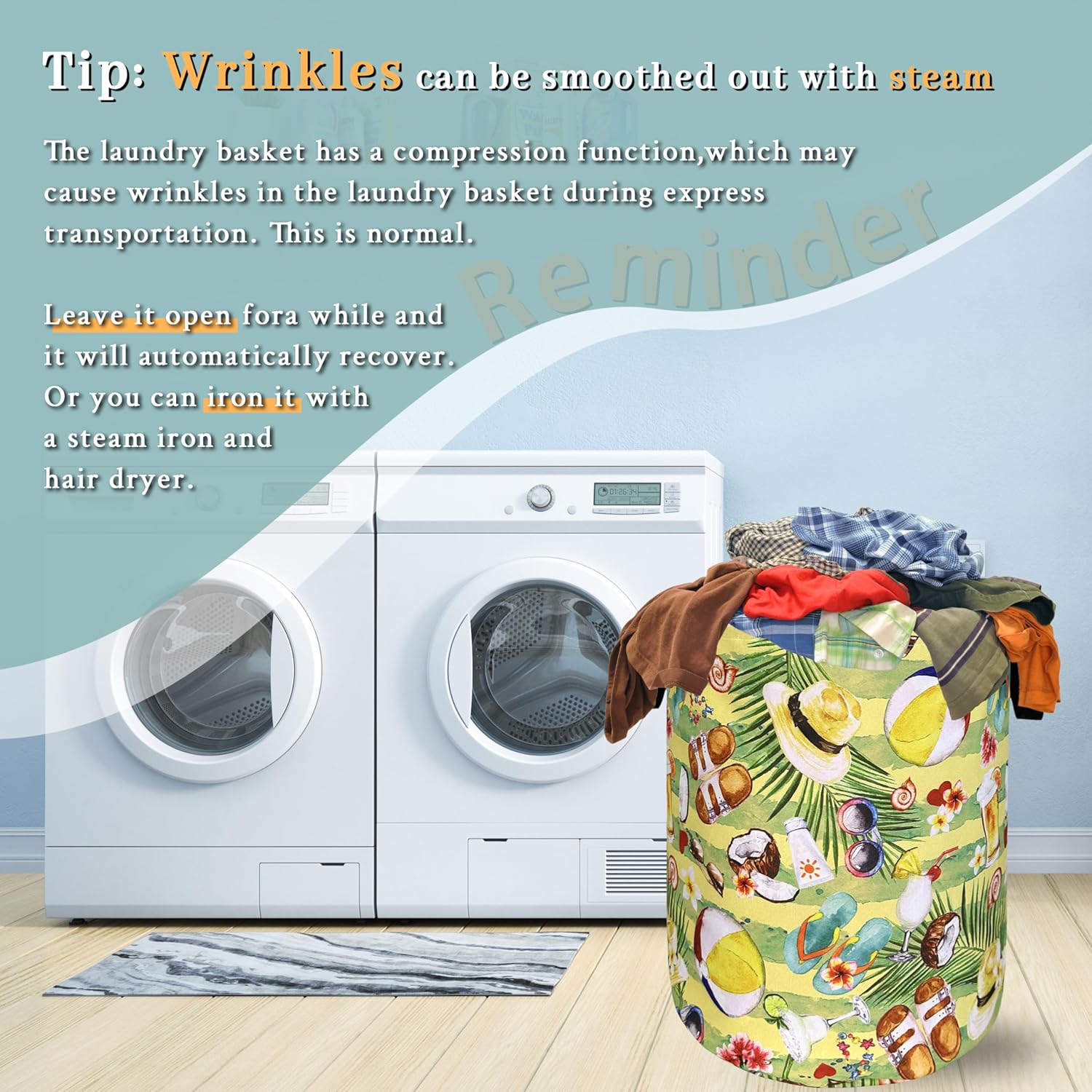 Happy Summer Time Laundry Hamper With Handles Foldable Oxford Cloth Tote Bag Colorful Hawaii Beach Funny Laundry Basket Clothe Toy Storage Bucket 18.9"x16.5"For Bathroom/Laundry/Bedroom