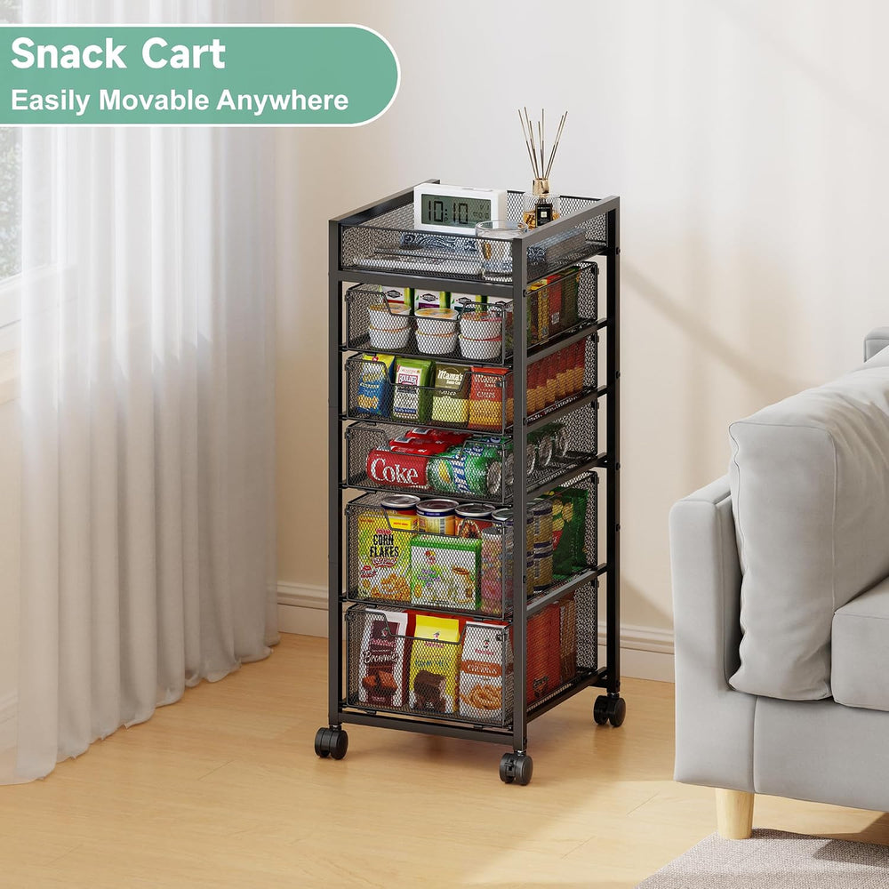 6-Tier Rolling Cart with 5 Drawers & Top Basket, Snack Cart with Wheels |...