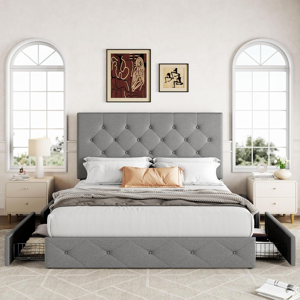 Allewie Queen Size Storage Bed Frame with 4 Underbed Drawers, Light Grey