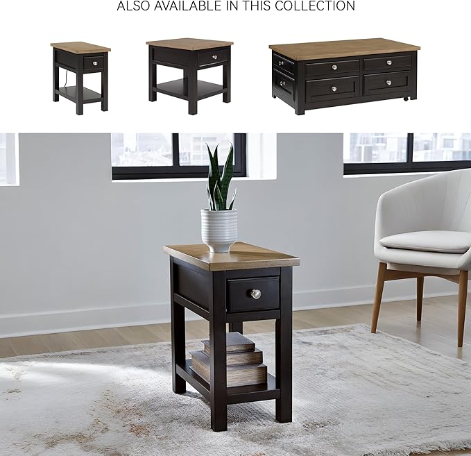 Signature Design by Ashley Drazmine Casual 1 Drawer Chair Side End Table with USB Charging Ports, 1 Lower Shelf and Power Cord, Light Brown & Black