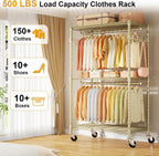 P1 Rolling Clothes Rack, Portable Wardrobe Closet with Wheels, Heavy-Duty Closet Clothing Rack for Hanging Clothes, 35.5" W x 15.7" D x 80.5" H, Hold 500lbs, Gold