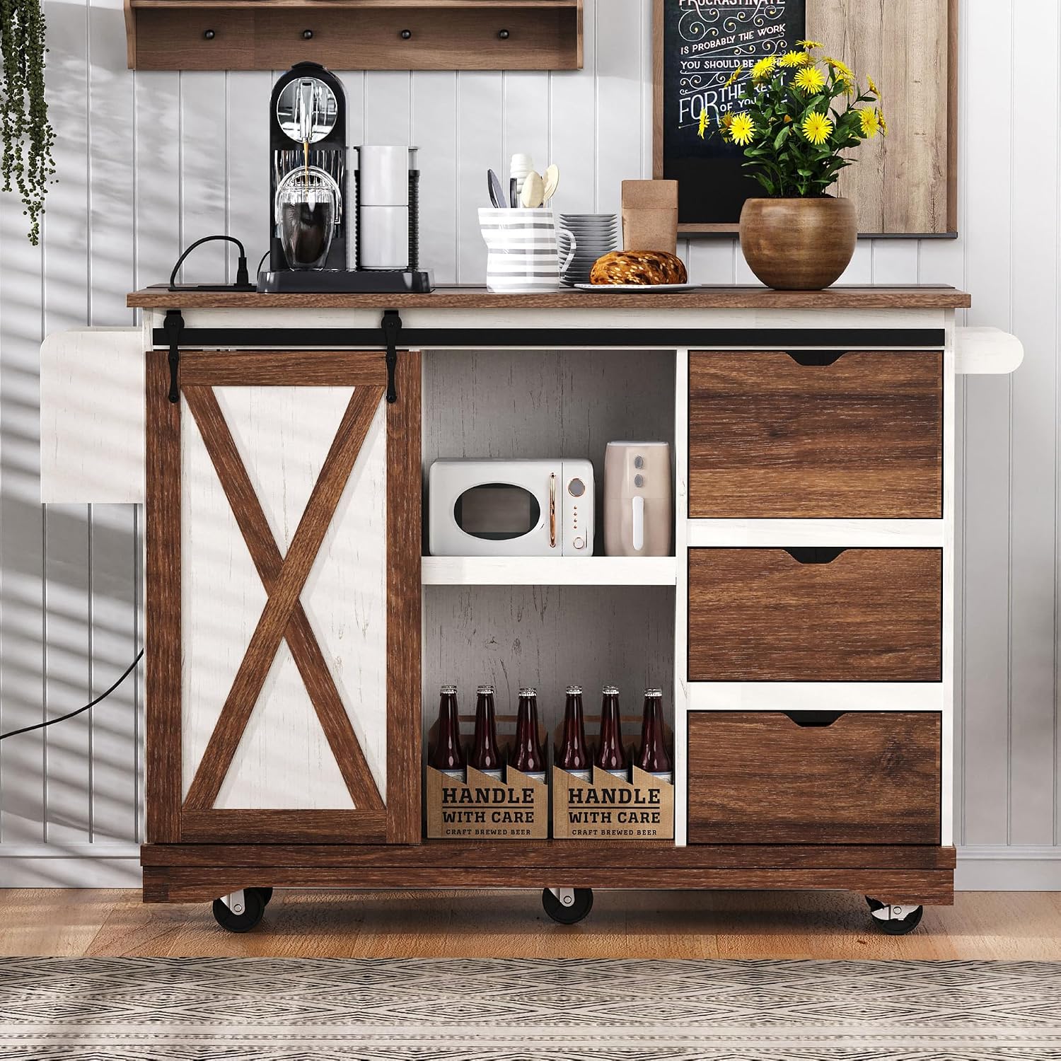 Ball & Cast Farmhouse Kitchen Island with Drop Leaf & Barn Door,Rolling Kitchen Cart on Wheels with Power Outlet,3 Large Drawers,Adjustable Shelf & Spice Rack,for Home,Kitchen,Dining Room,White,56"