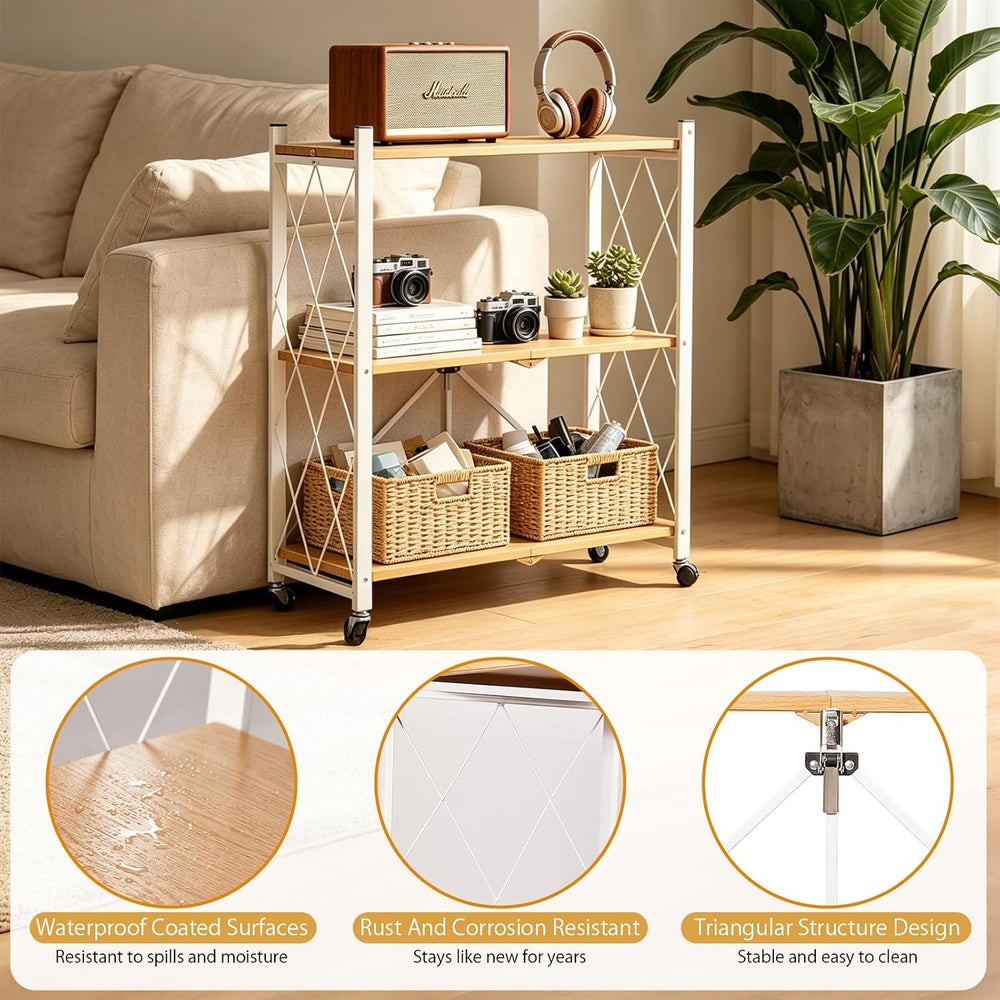 3-Tier Folding Storage Shelves with Wheels – No Assembly, Heavy Duty Collapsi...