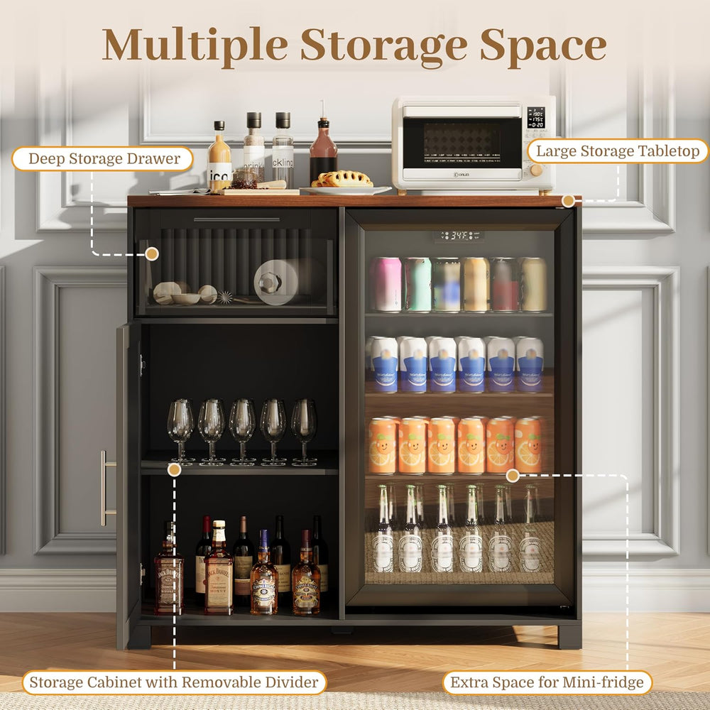 38.6" Long Fluted Mini Fridge Cabinet with Power Outlet & Drawer, Black