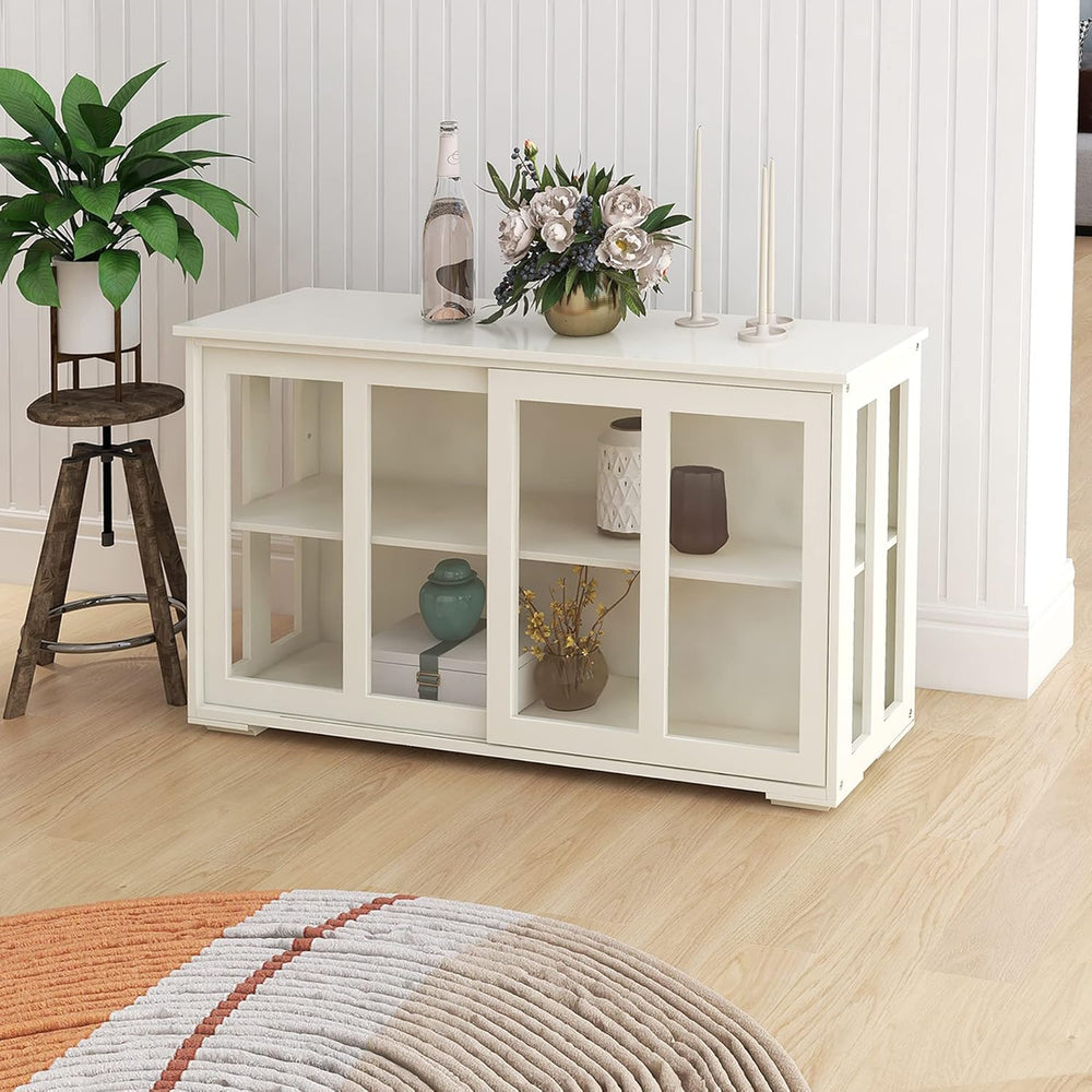 White Sideboard Buffet Cabinet with Sliding Glass Doors, Storage Credenza wit...