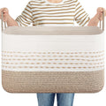 OIASKET 75L Large Cotton Rope Storage Basket, Soft Decorative Blanket Basket for Living Room & Bedroom, Boho Laundry Hamper with Handles Capable of Holding Pillows, Clothes and Toys-Brown & White