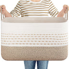 OIASKET 75L Large Cotton Rope Storage Basket, Soft Decorative Blanket Basket for Living Room & Bedroom, Boho Laundry Hamper with Handles Capable of Holding Pillows, Clothes and Toys-Brown & White