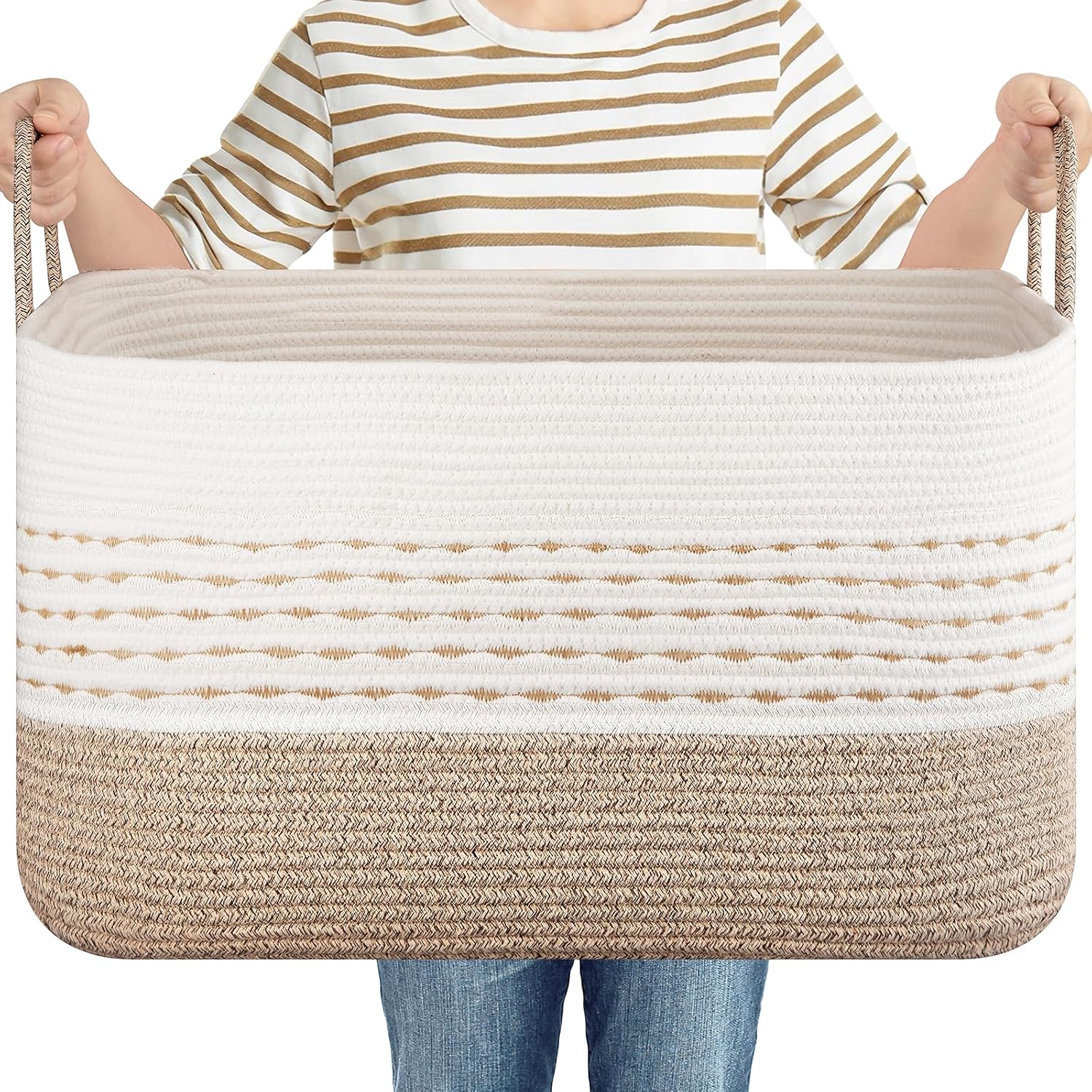 OIASKET 75L Large Cotton Rope Storage Basket, Soft Decorative Blanket Basket for Living Room & Bedroom, Boho Laundry Hamper with Handles Capable of Holding Pillows, Clothes and Toys-Brown & White