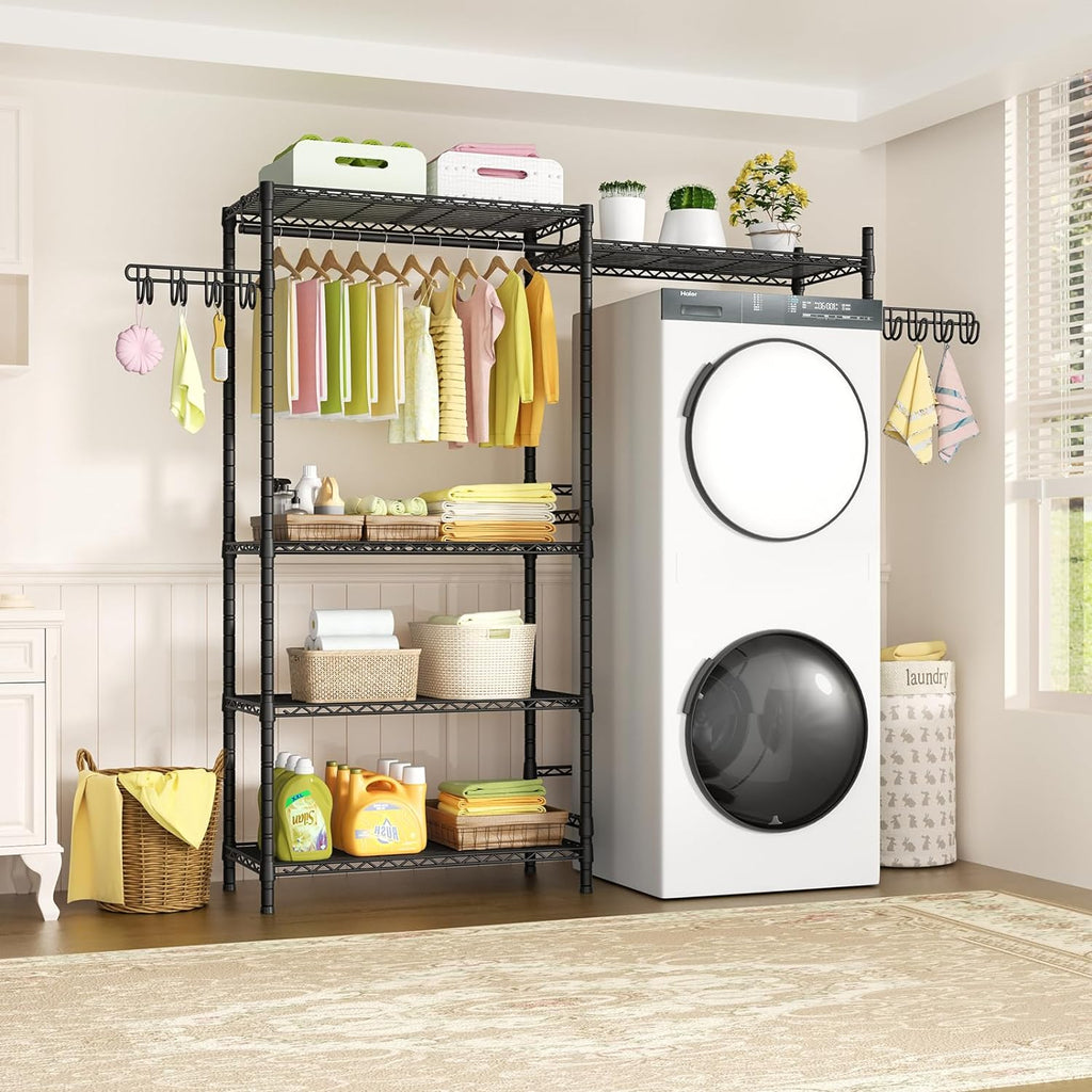 Ulif U5 Over the Washer and Dryer Storage Shelf, Laundry Room Space Saver Bathroom Storage and Organizer Rack for Hanging Towels and Drying Clothes with 5 Wire Shelves, 58.2"W x 13.4"D x 77.5"H, Black