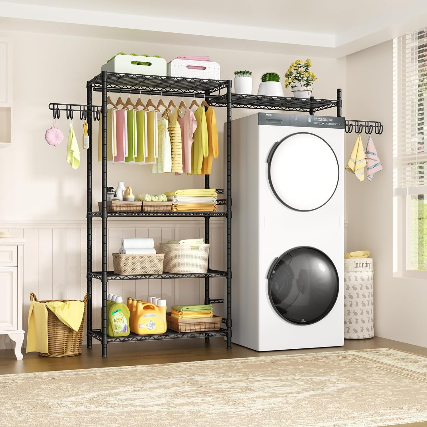 Ulif 65.3" W x 13.4" D x 77.5" H Clothes Drying Rack, 5 Tiers Over Washer and Dryer Laundry Room Storage and Organizer, Heavy-Duty Space Saver, Black