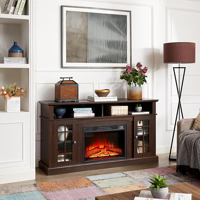 Rustic TV Stand with Electric Fireplace: Tall Wood Entertainment Center Console for 60 Inch TV - Espresso