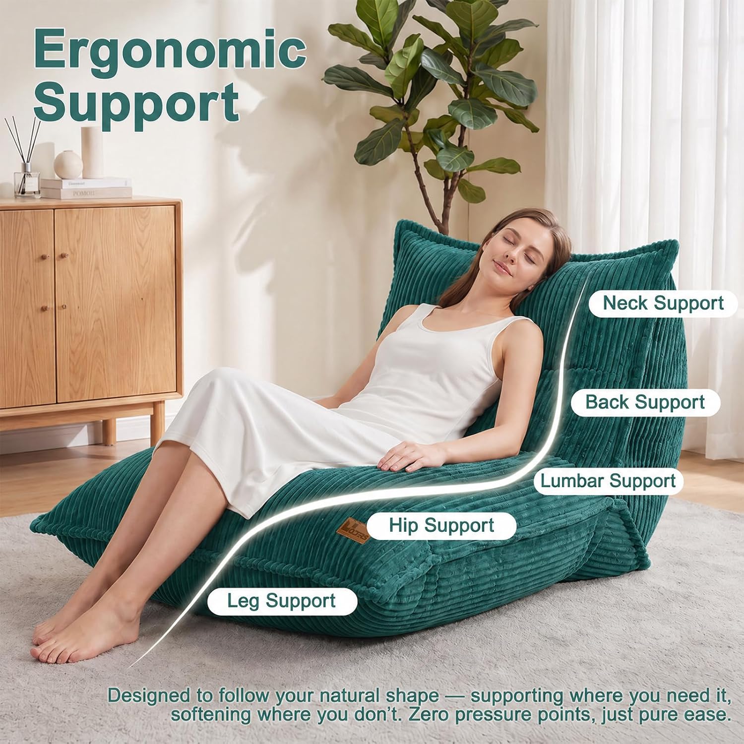 L-Shaped Oversized Bean Bag Chair, Fluffy Memory Foam Beanbag with Corduroy Fabric for Adults Teens Kids, Lightweight Lounge Floor Sofa Chair for Living Room Bedroom - Green