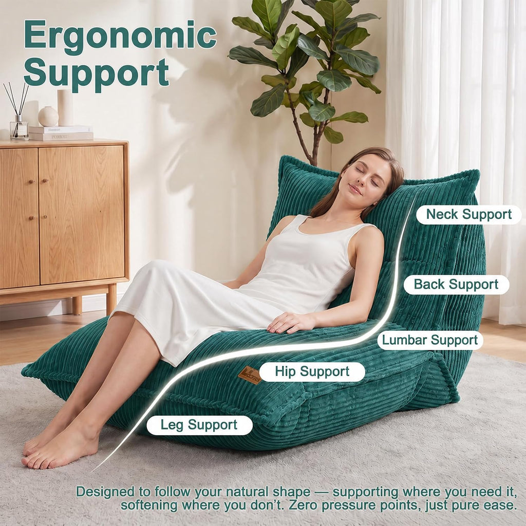 L-Shaped Oversized Bean Bag Chair(L-Green) | Fluffy Memory Foam Beanbag with Corduroy Fabric for Adults Teens Kids, Lounge Floor Sofa Chair for Living Room Bedroom