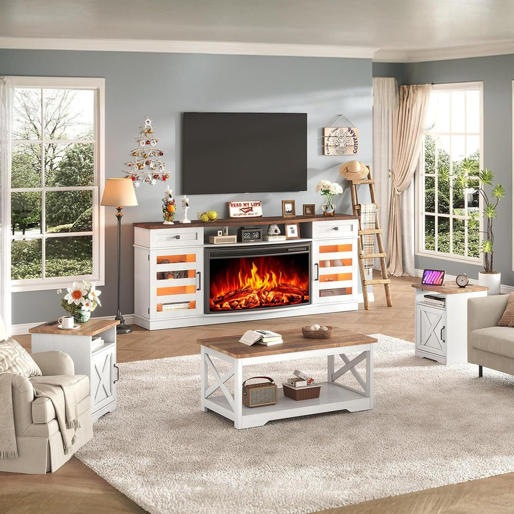 AMERLIFE Farmhouse Living Room Table Set of 4, Include 70" Fireplace TV ...