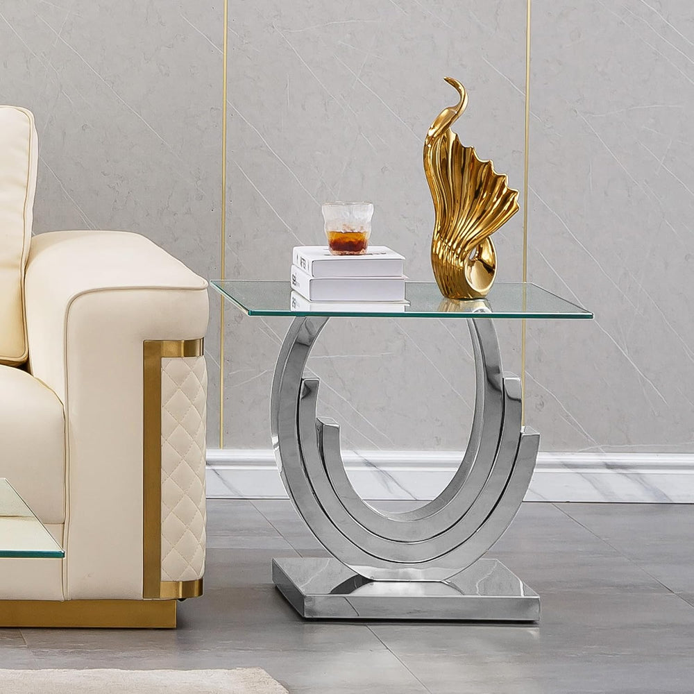 HomVent 22.83" Glass End Table, Living Room Tables, Modern Silver Temper...