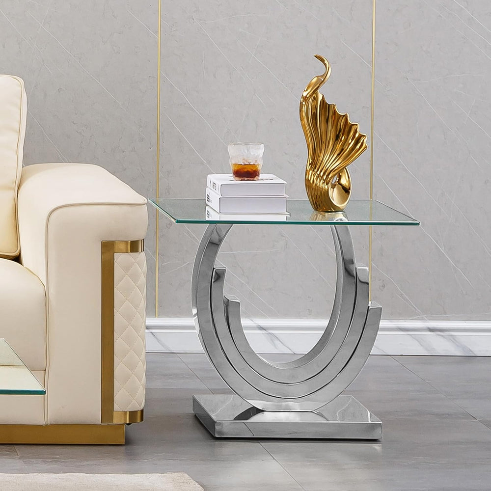 Glass End Table, 22.83" Square Side Table with Tempered Glass Top and Si...