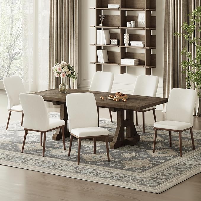 Upholstered Dining Chairs Set of 2, Modern Kitchen Chairs with High Back, Padded Fabric Dining Room Chair with Solid Wood Legs for Restaurant/Cafe/Home, Beige