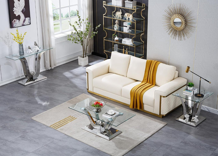 SSLine 3-Piece Modern Silver Glass Coffee Table Set, End & Console Tables