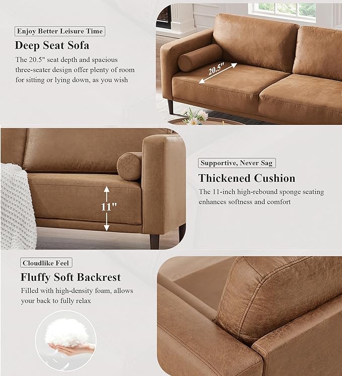 HIFIT 79" Sofa Couches for Living Room Mid-Century Modern Decor Faux Leather Couch with Deep Seat&Cloud Cushions&2 Pillow, 3 Seater Home Sofa Living Room Brown Loveseat for Office, Bedroom, Apartment