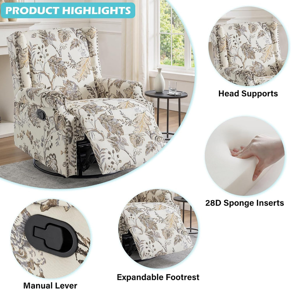 Swivel Glider Floral Recliner Chairs Set of 2, High Back Swivel Rocker Fabric...