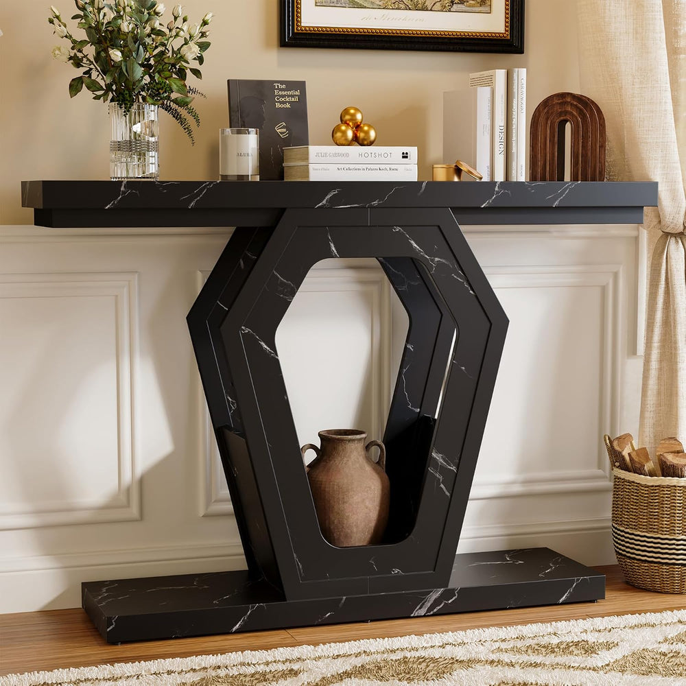FUSUNBAO 47" Black Marble Console Table,Narrow Wood Sofa Table for Hallw...