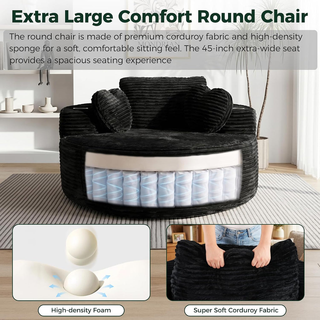 56''Oversized Round Chair Lounge Chaise Indoor with Cup Holders & Side Pocket, Corduroy Cloud Circle Single Boneless Deep Seat Chair, Modern Comfy Floor Sofa with Heart Pillows for Living Room,Bedroom