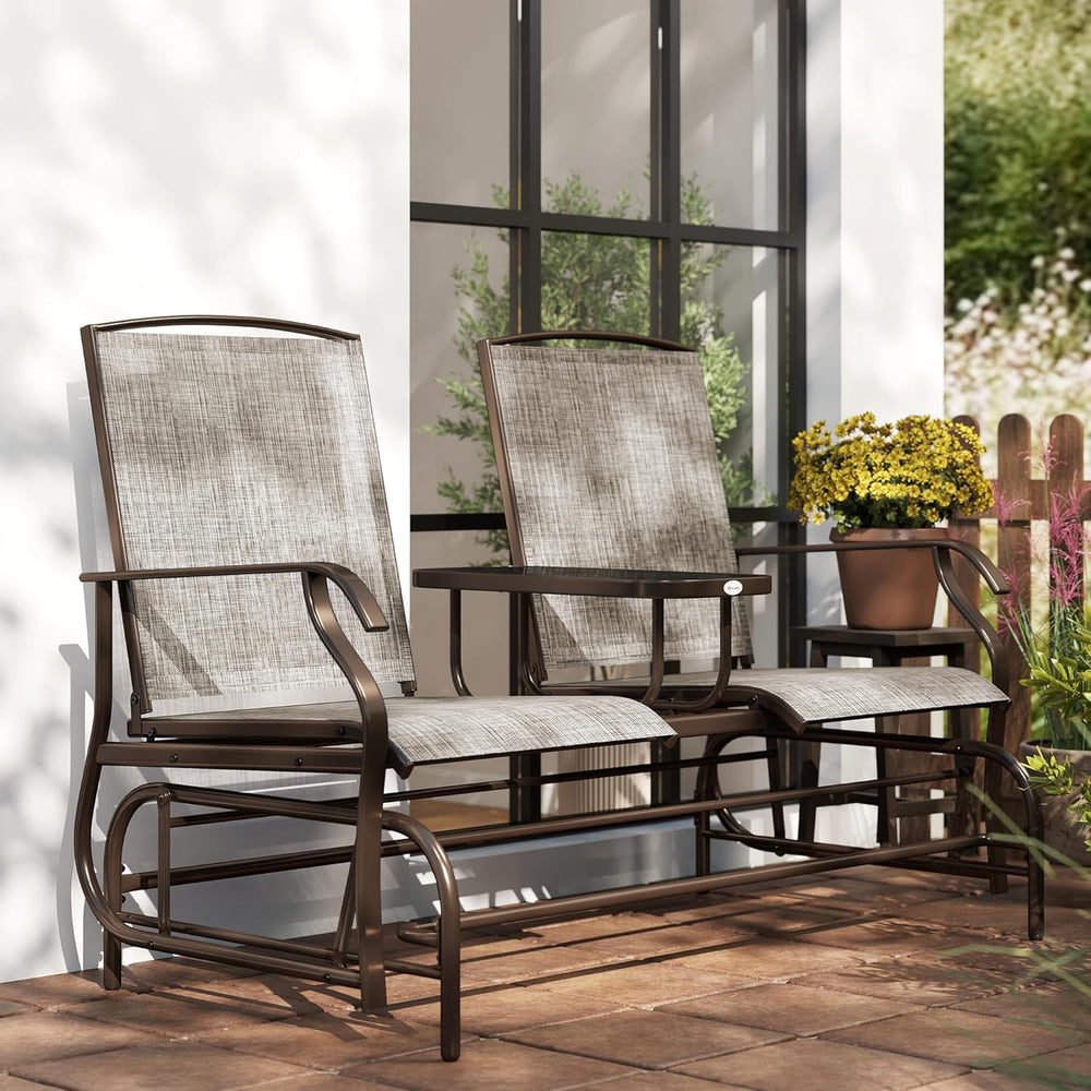 Outsunny Outdoor Glider Bench with Center Table Metal Frame Armrests Brown | ...
