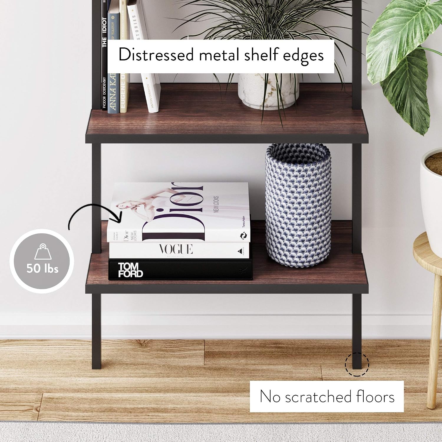 Nathan James Theo 5-Shelf Wood Modern Bookcase, Open Wall Mount Ladder Bookshelf with Industrial Metal Frame, Walnut Brown/Black, Set of 2