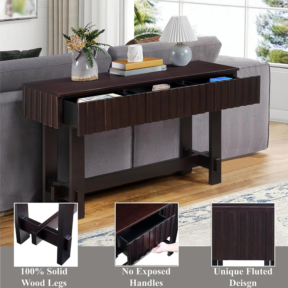 Knocbel Fluted Console Table with 3 Storage Drawers, Farmhouse Mid Century So...