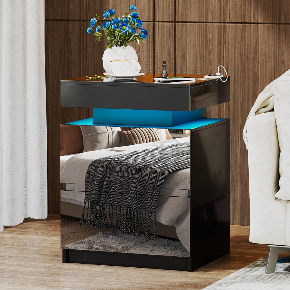 LED Nightstand - Bedside Table with Charging Station and 2 Mirrored Drawers S...