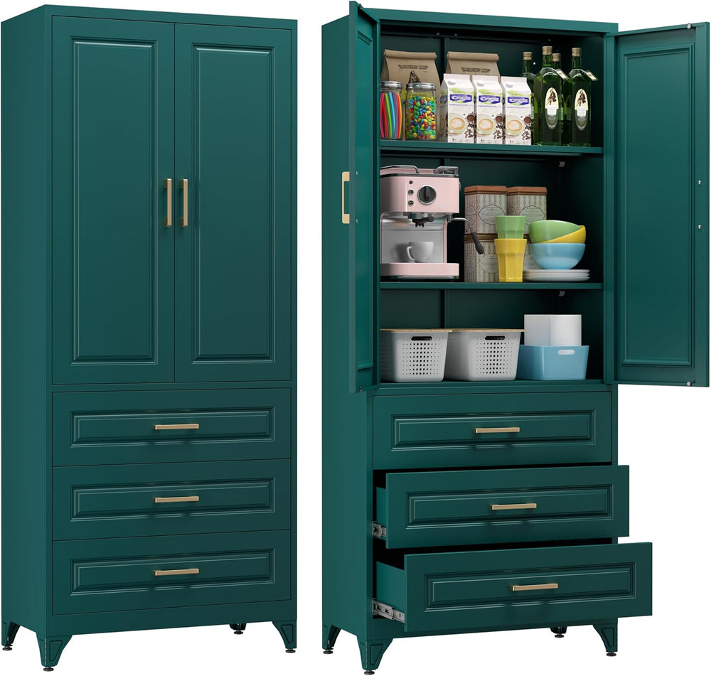 75" Tall Kitchen Pantry Cabinet, Storage Cabinet with 3 Drawers | Metal ...