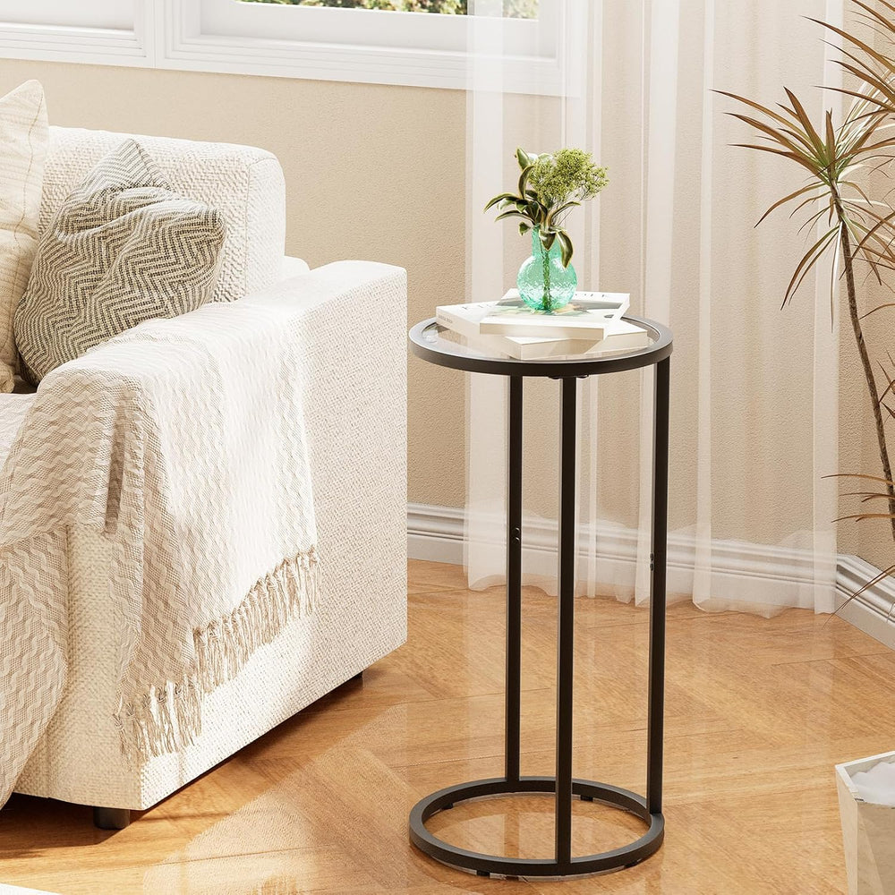 Easy Paws Round Side Table,Glass C Shaped Table,Couch End Table, Tempered Gla...