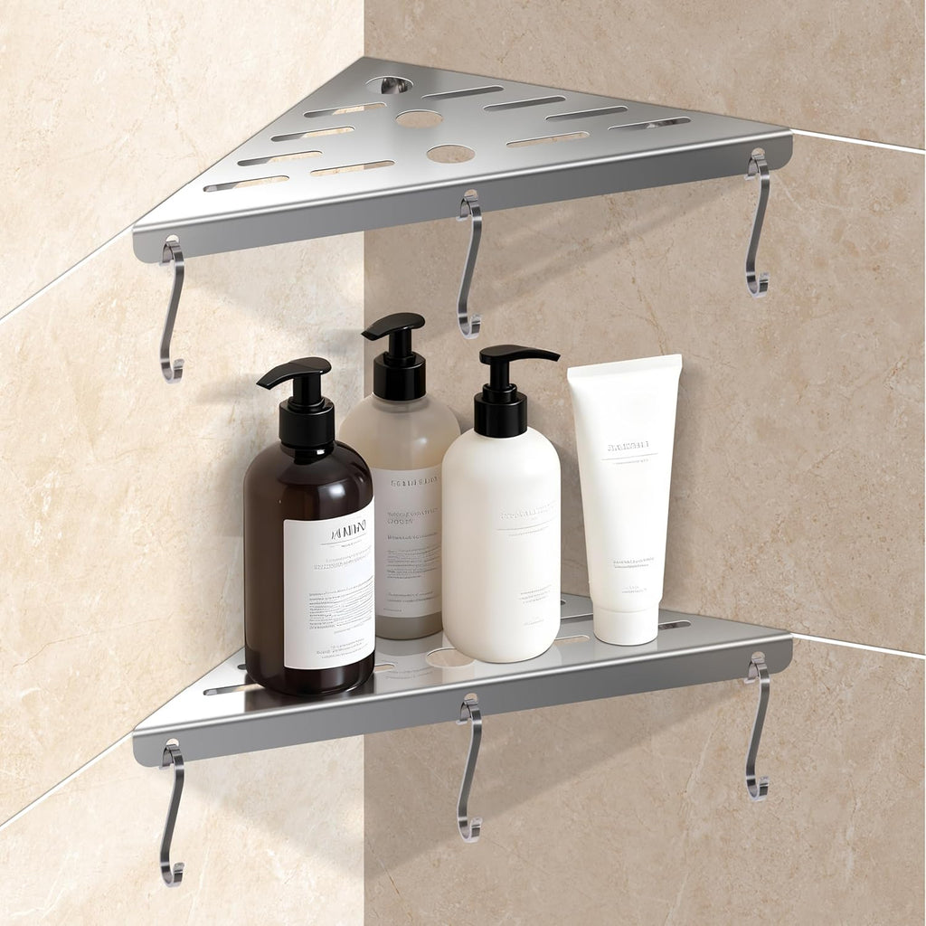 Shower Corner Shelf 304 Stainless Steel Shower Caddy 2 Tier Shower Organizer Niche Extra 6 Hangers Shelves 40 lbs Large Capacity Bathroom Storage for Inside Anti-Rust Drilling Installation(Silver)